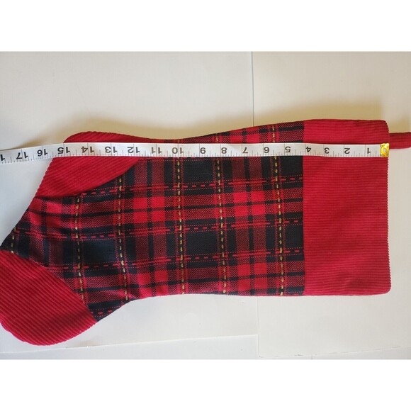 Classic Plaid Christmas Stocking Red W/ Corduroy Detail Festive Country Decor - Picture 5 of 7